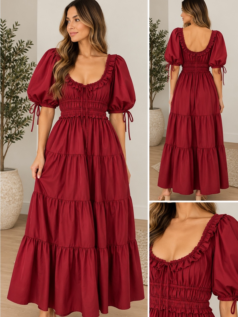 En Saison Burgundy Puff-Sleeve Smocked Tiered Maxi Dress